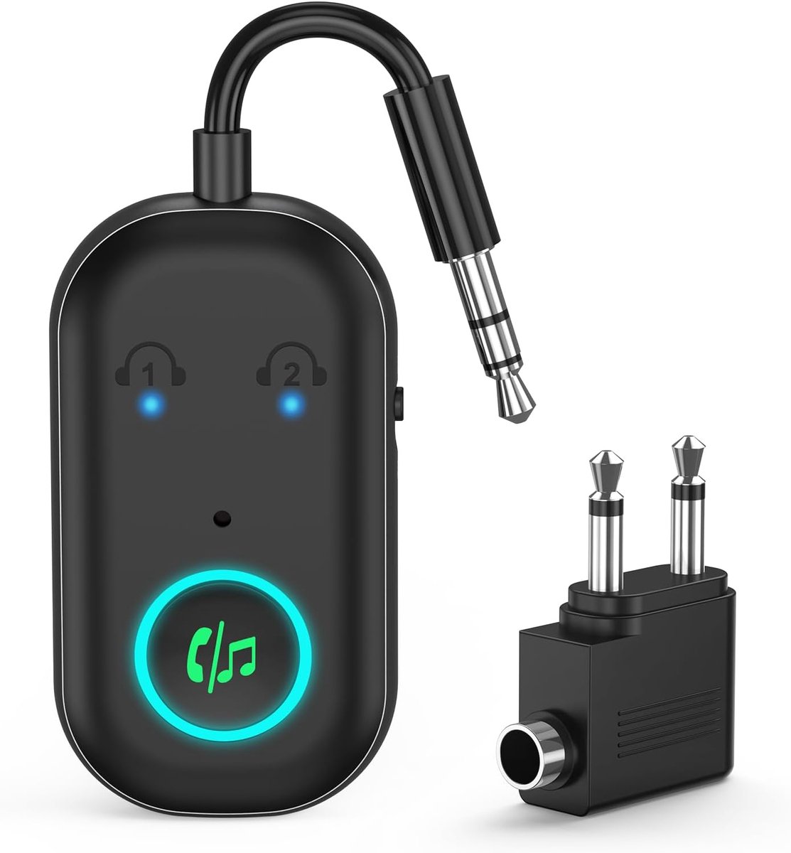 Bluetooth 5.3 zender ontvanger, vliegtuig bluetooth adapter 2 oortelefoons, draadloze audio-adapter auto, handsfree telefoon, max. 16H, 3,5 mm aux-aansluiting op de reisvlucht, tv, autoradio, fitnessruimte