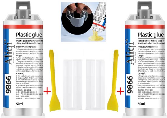 Twee tubes plasticlijm met gele spatels en plastic bekers.