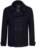 Donkerblauwe wollen peacoat met dubbele rij knopen, staande ribkraag en binnenvoering.