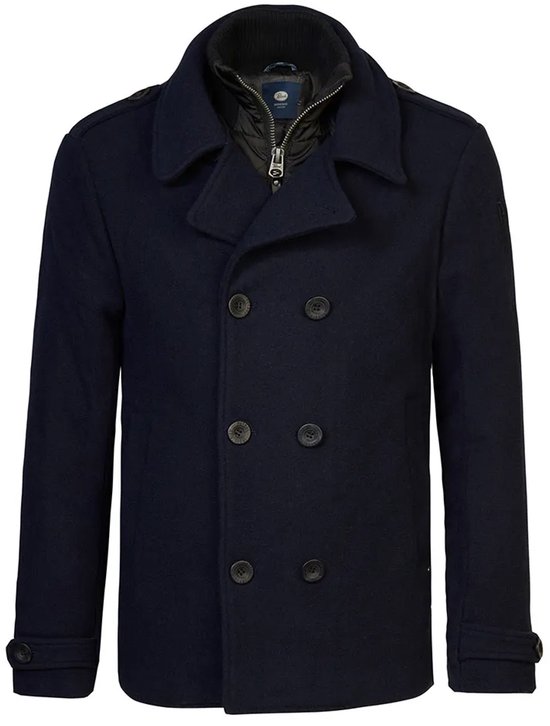Donkerblauwe wollen peacoat met dubbele rij knopen, staande ribkraag en binnenvoering.