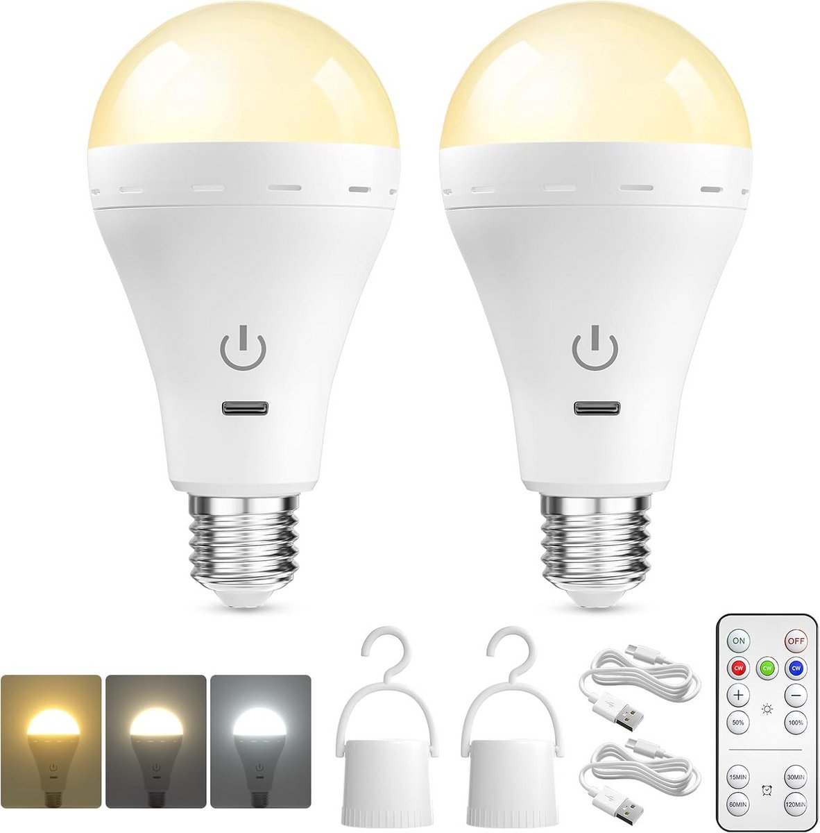 2x Oplaadbare E27 LED Lamp met Afstandsbediening - Dimbaar & 3 Kleurtemperaturen