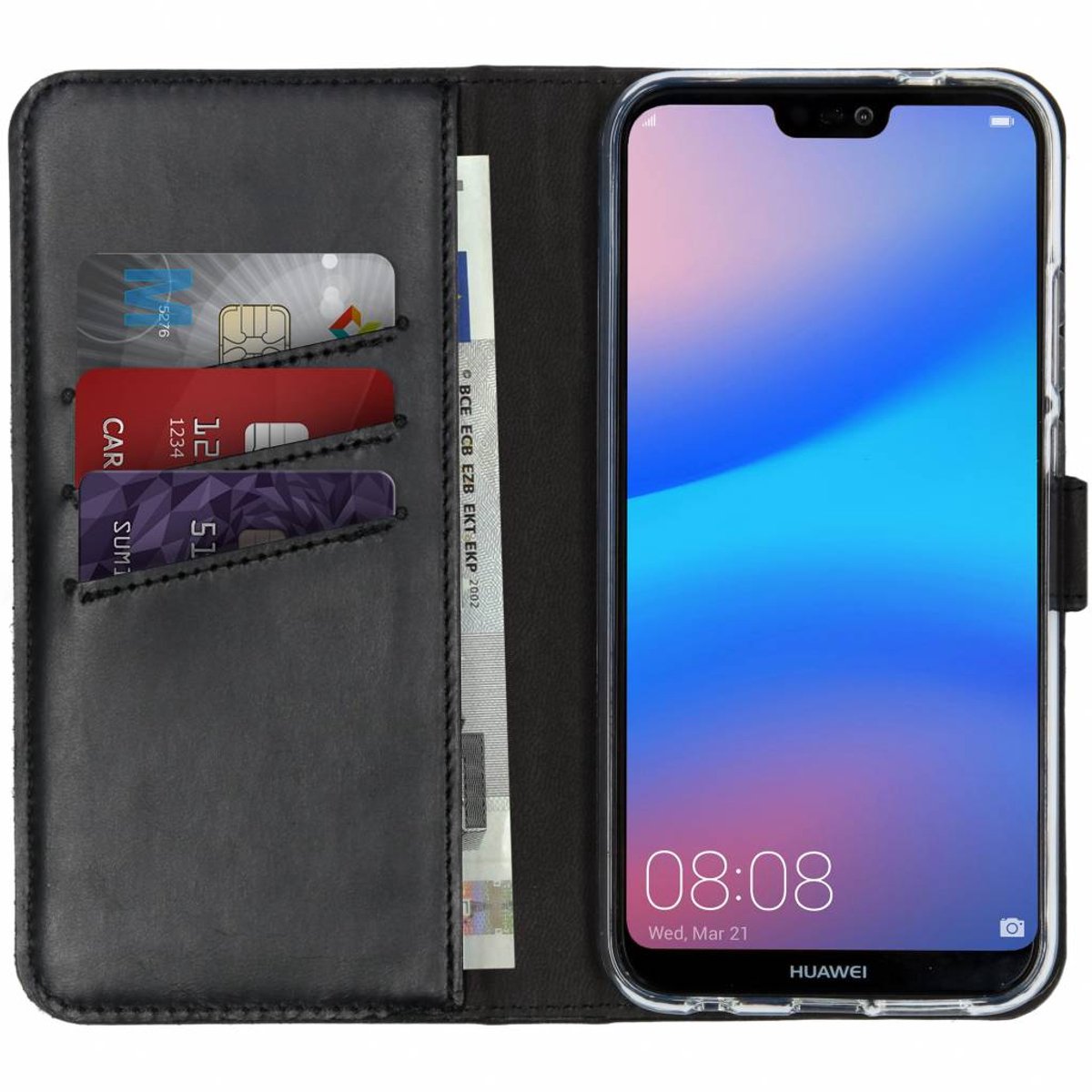 Selencia Hoesje - Geschikt voor Huawei P20 Lite - Echt Lederen Bookcase - Zwart