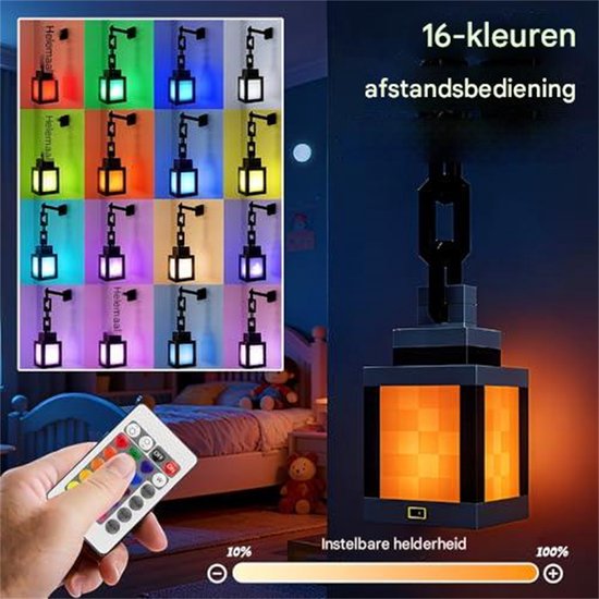 Ynkkvre - Pixelated Lantern Nachtlampje - 16-kleuren LED Wand Sfeer Nachtlampje met Afstandsbediening - Oplaadbare Nachtlamp, Monteerbare Tafellamp, Kostuum Cosplay Nachtkastje Lamp voor Kamerdecoratie voor Jongens van Ynkkvre — afbeelding 3