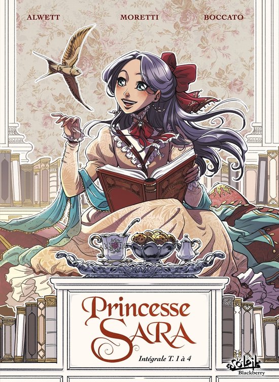 Illustratie van Prinsesse Sara, zittend met een boek, een strik in haar grijze haar en een dienblad met thee.