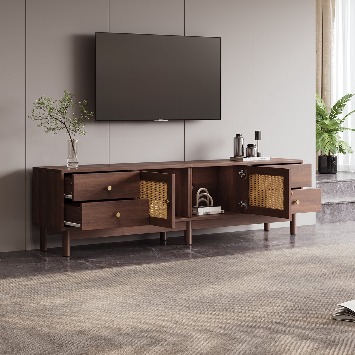 REDOM - TV-meubel - donker houtlook met rattan deuren - met 4 lades en kabelmanagement - 1