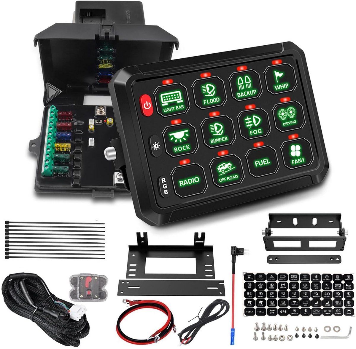 12-Gang Schakelaars Paneel 12V/24V Universeel Circuit Bedieningspaneel met RGB LED IP65