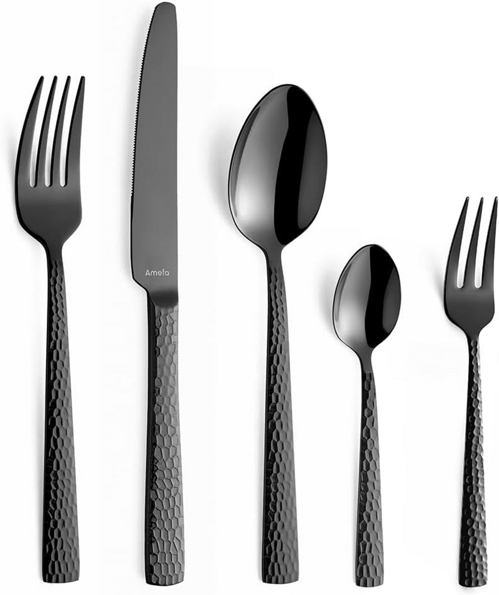 30-Delige Bestekset RVS met Hamerlook Design - Zwart PVD Coating