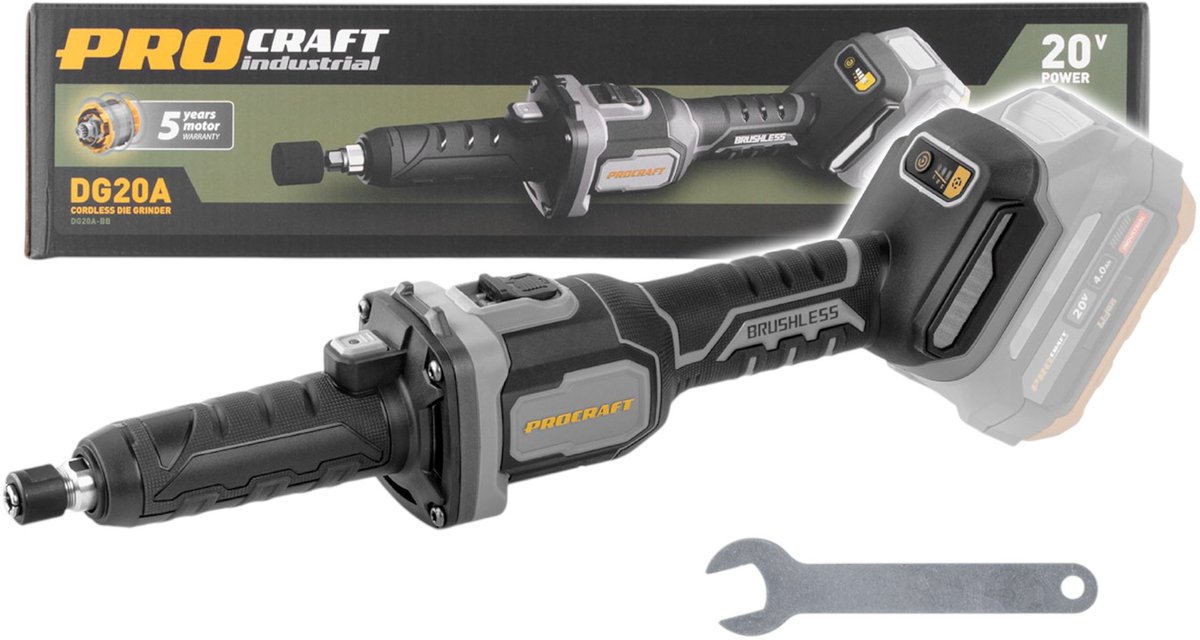 Procraft Industrial DG20A-BB accu-rechte slijper 20 V 6 mm borstelloos solo - zonder accu, zonder oplader