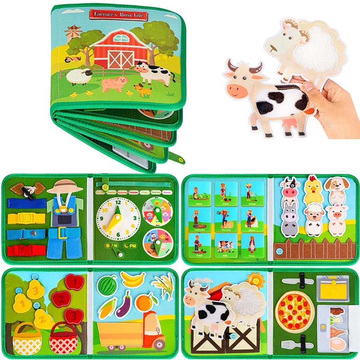 Vilt activiteitenboek voor kinderen - Educatief speelboek - Dieren boerderij activiteitenboek - Baby verhalenboek van stof - Geschikt voor peuters van 1-3 jaar（Groen）