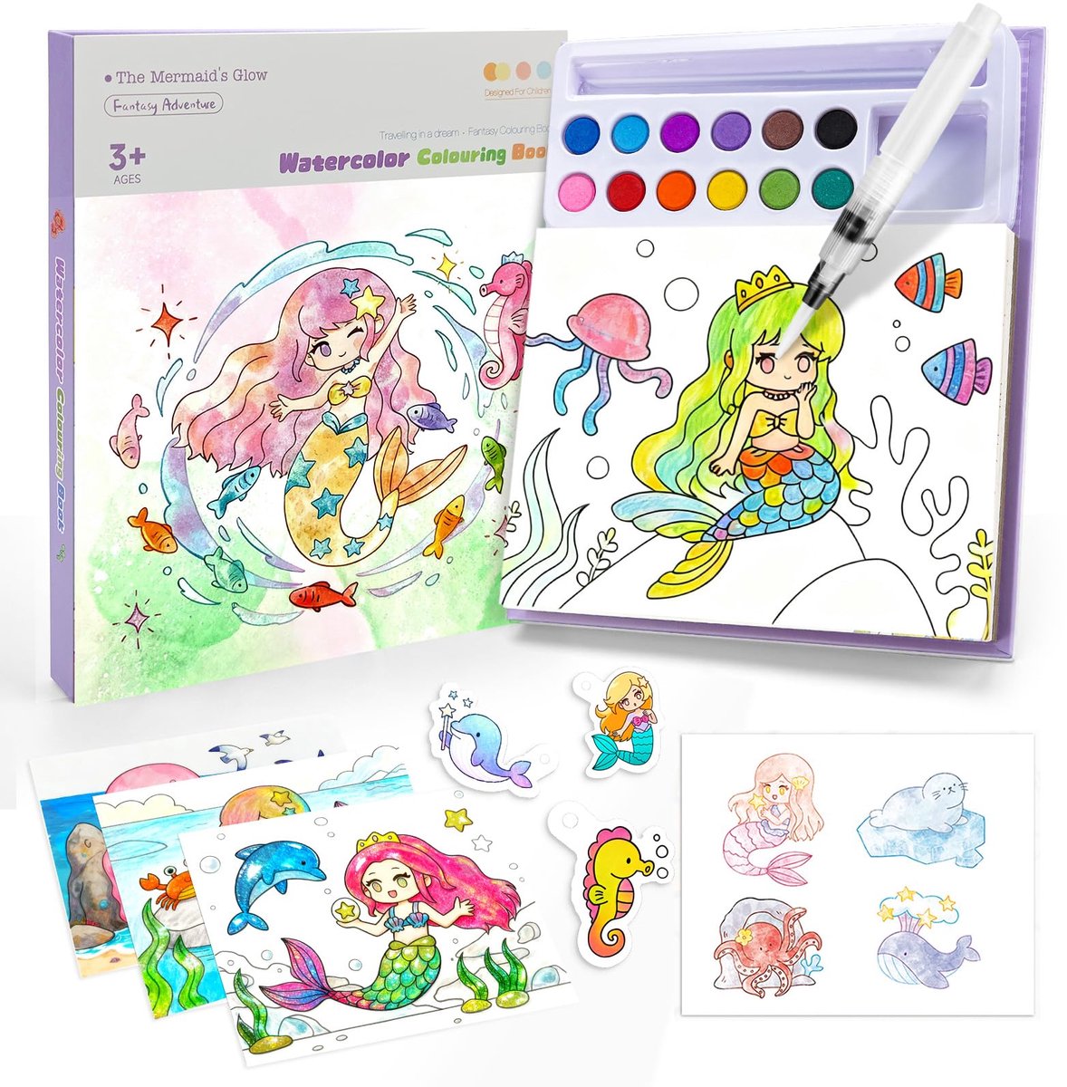 Kraftverdia Waterverf Kleurboek – 12 Kleur 3-in-1 Teken Set – Tekenboek voor Kinderen – Geschikt voor 3 Jaar en Ouder – Vakantiecadeaus – Schoolstart Cadeau