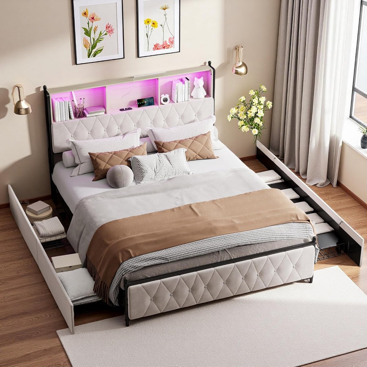 Tweepersoons Opbergbed met Fluweel Bekleding en Hoofdeinde met USB-C Oplaadpunten (140x200cm)