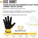 Maattabel voor zwarte en gele werkhandschoenen met afbeelding van handmatingsdiagram.