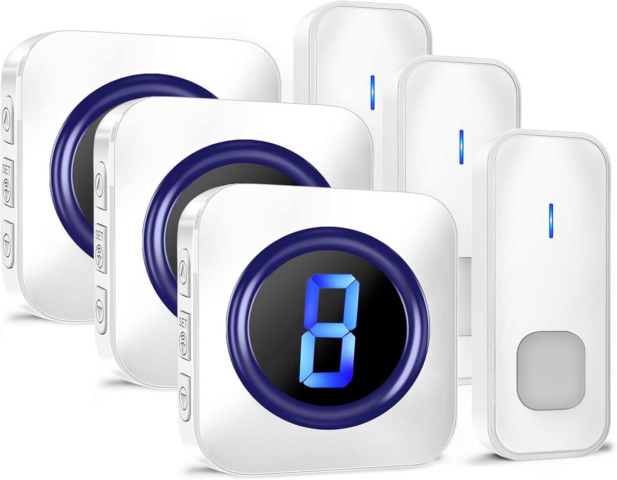 Draadloze Deurbel met 3 Ontvangers, IP55 Waterdicht, 55 Melodieën en LED Indicator