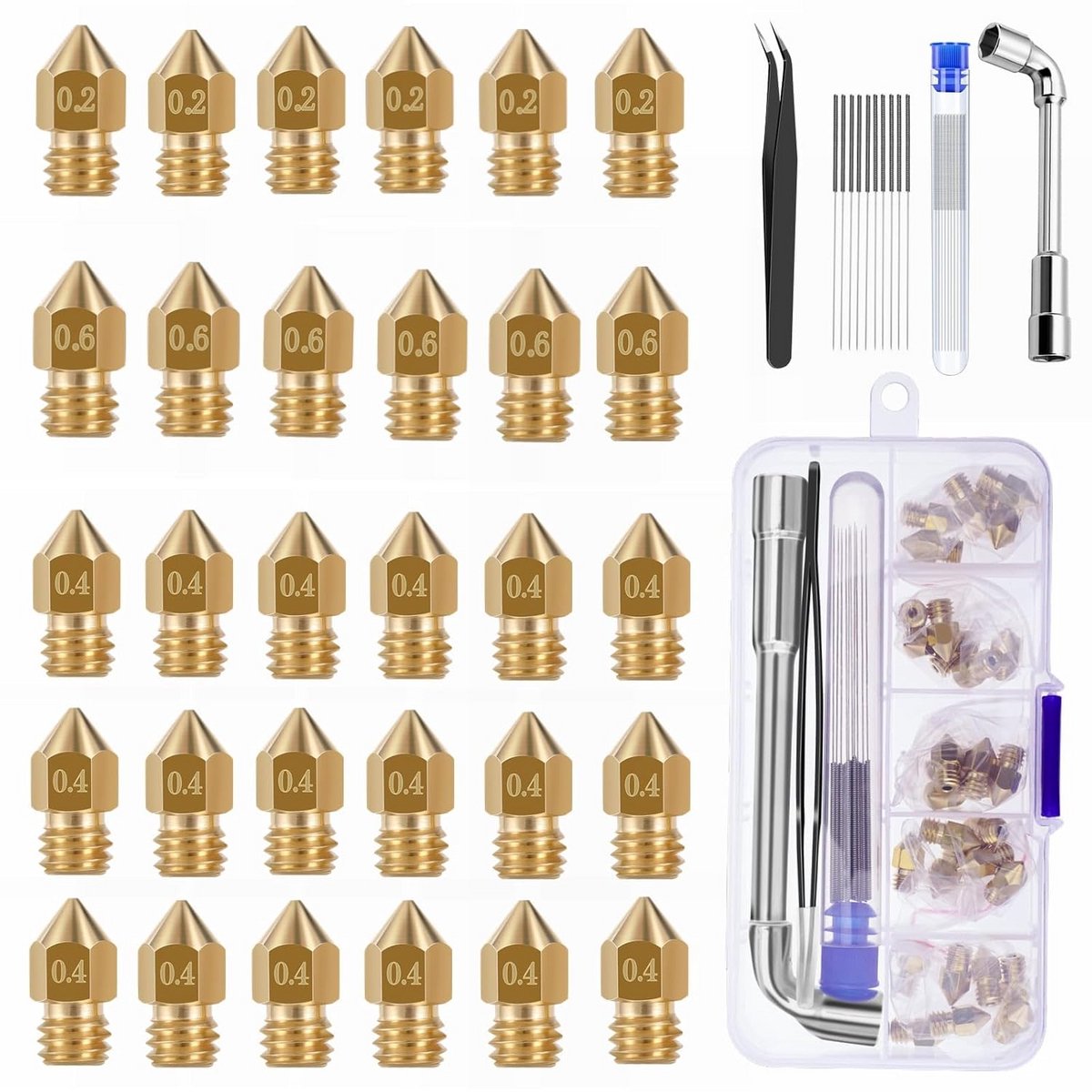 30 Stuks Messing 3D-Printer Nozzles (0,2mm, 0,4mm, 0,6mm) voor Ender & CR 10 Series