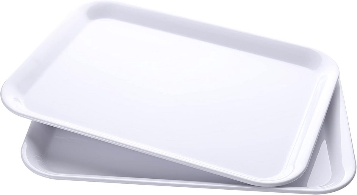 Set van 2 witte rechthoekige serveerplateaus, 15 x 11,3 inch, stapelbaar en stevig