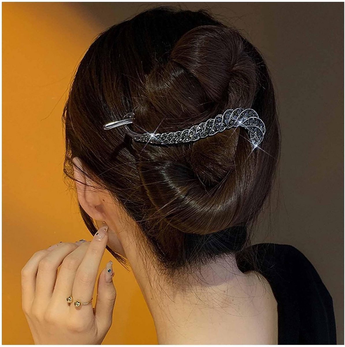 Grote Strass Haarclip Zwart – Luxe Kristallen Banaan Klem voor Dik Haar