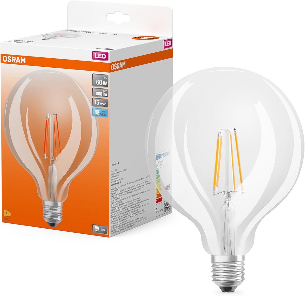 Grote LED Bollamp 7W (806 lm) E27 - Koud Wit Licht 4000K - Helder Glas