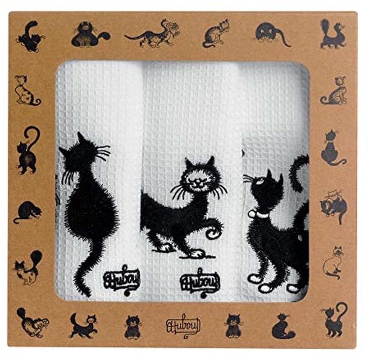 Set van 3 geborduurde katoenen theedoeken met kattenmotief 40x60 cm