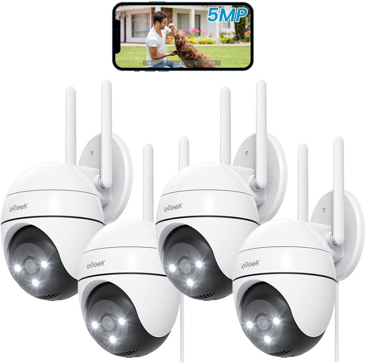 ZS-GQ4 Camerabewaking – 3K HD 5MPx Beveiligingscamera Buiten - Buiten Camera Met Nachtzicht – Buitencamera - Bewakingscamera voor Buiten- Met WiFi en APP - 360° horizontaal & 130° verticaal - Wit - 4 Stuks