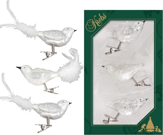 Décoration de Sapin de Noël en Verre Oiseaux sur Clip - Argent/Satin - 3 Pièces - 11 cm Décoration de Noël