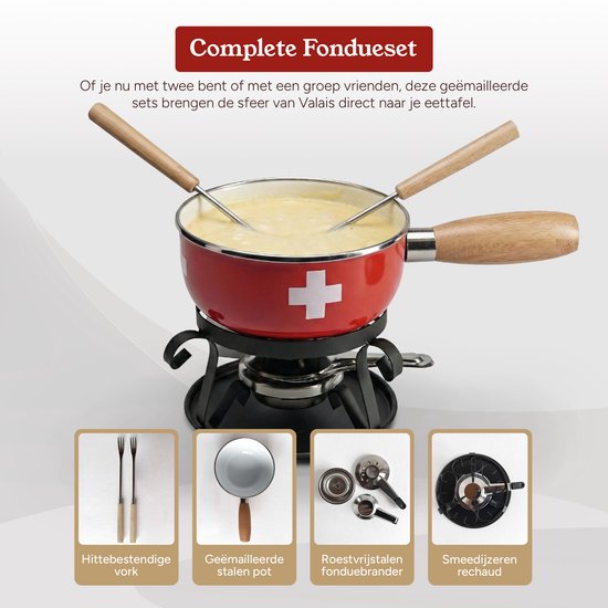 Nouvel Fondueset – Kaasfondue Set Geëmailleerd Staal - Fonduepan 1.5L - Incl. Fondue vorken - Inductie Geschikt – Compleet met Rechaud & Brander – Premium Zwitsers Design — afbeelding 5