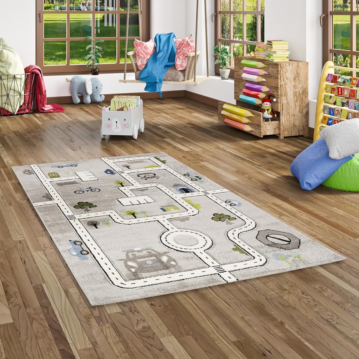 Kindertapijt Auto - Vloerkleed Jongens - Spelen en Decoratie - Handcontour Gesneden - 120 x 170 cm - Grijs
