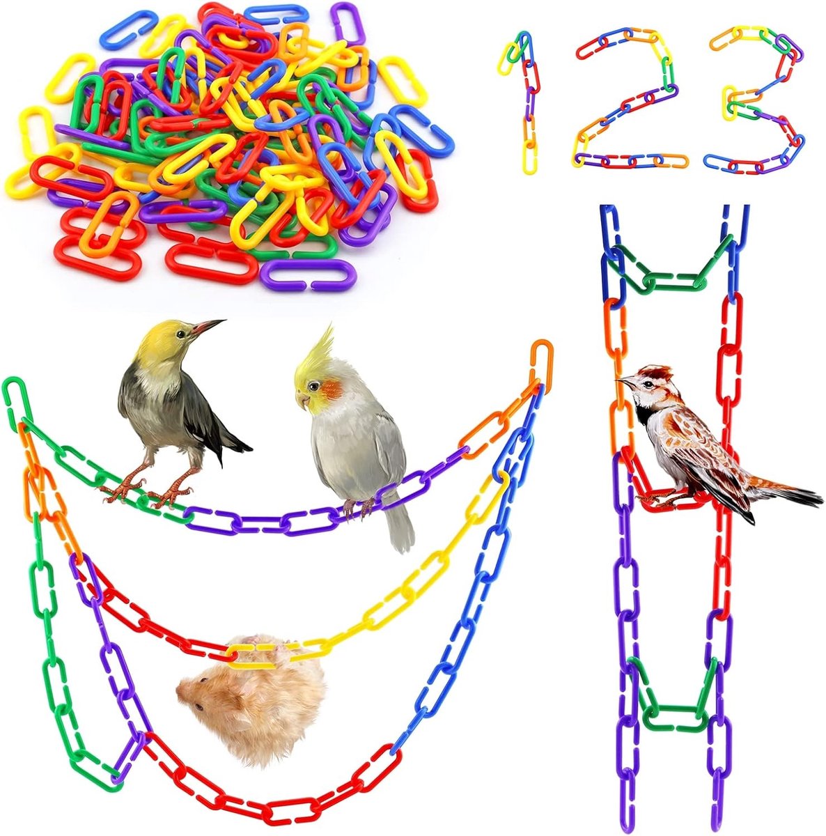 Daity 100 stuks - Kunststof kettingen - educatief speelgoed voor kinderen - gemengde regenboog DIY C-vormige kettinghaak schommel klimkooi speelgoed - geschikt voor vogels - suikereekhoorns - muizen - papegaaien