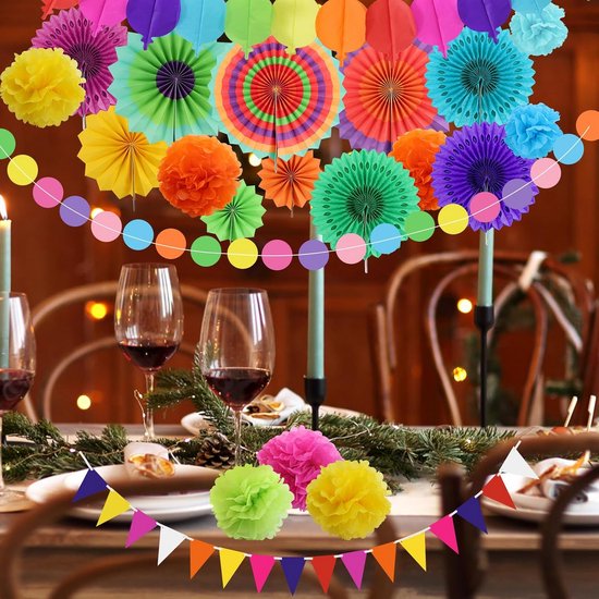 Feestdecoratie Set Papieren Pompons Waaiers Wimpels Slingers Voor feestdecoratie-set-papieren-pompons-waaiers-wimpels-slingers-voor