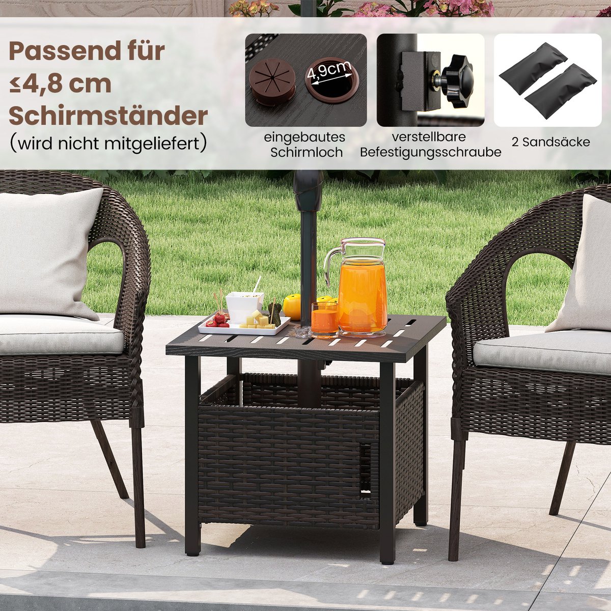 COSTWAY Bijzettafel voor buiten, weerbestendig, rotan tuintafel met paraplugat, kleine balkontafel, koffietafel voor tuin, balkon, terras, 55,5 x 55,5 x 47,5 cm thumbnail 2