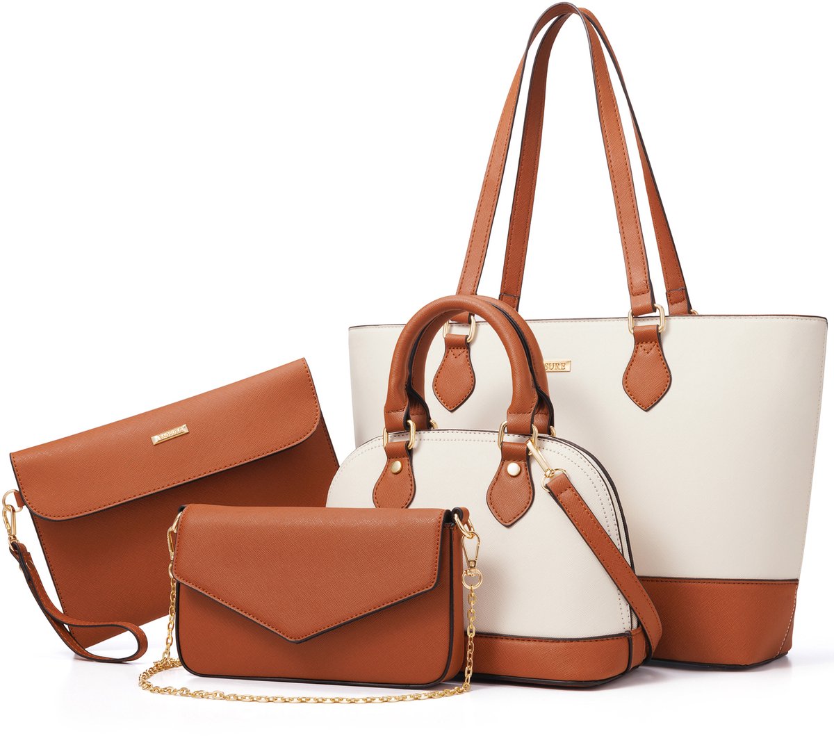 Wishdor Dames Schoudertas Set van 4 – Bruine en Witte Handtassen en Totebags voor Kantoor, School, Winkelen, Reizen en als Cadeau
