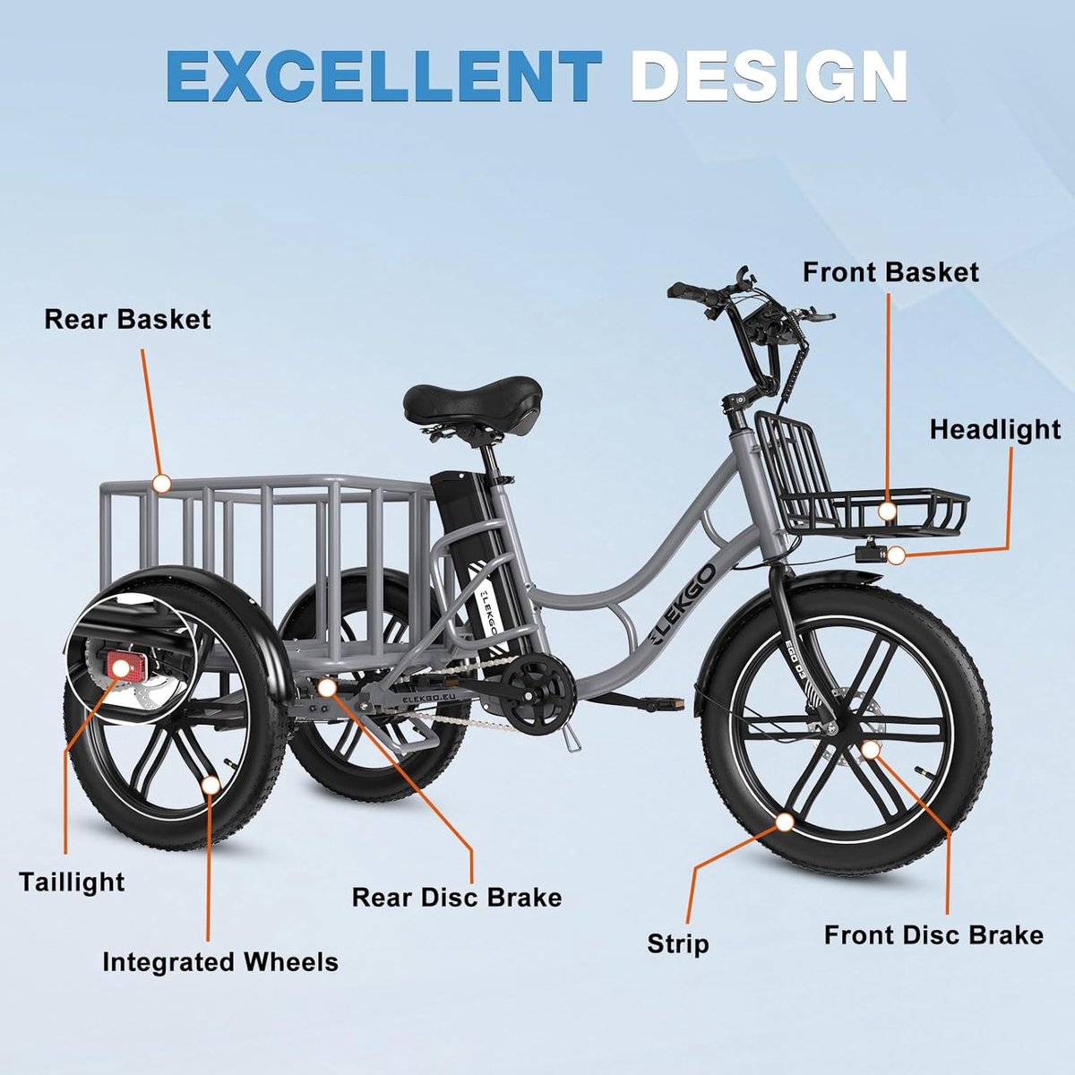 ELEKGO Elektrische Driewieler EGO 03S - 20*3.0 Inch Fat Tire City Commuter EBike met Afneembare 48V 18 Ah Lithium Batterij - Bakfiets E-Bike met 250W Motor - IP54 Waterdicht – foto 2