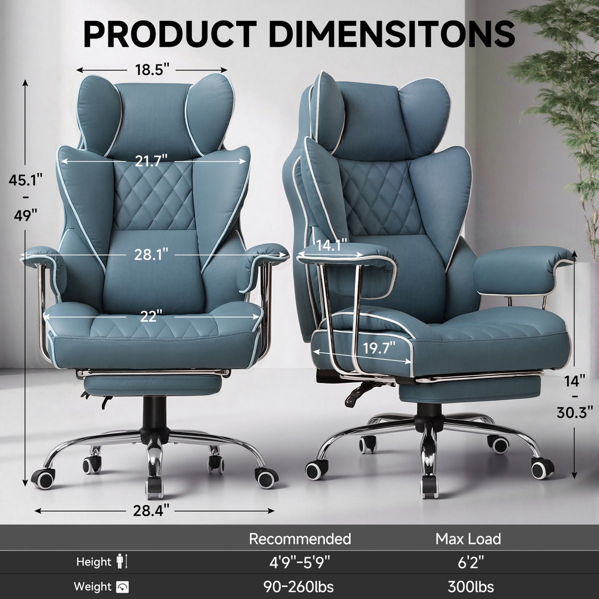 GTPLAYER Ergonomische Gamingstoel met Voetensteun - Zeeblauw - afbeelding 3