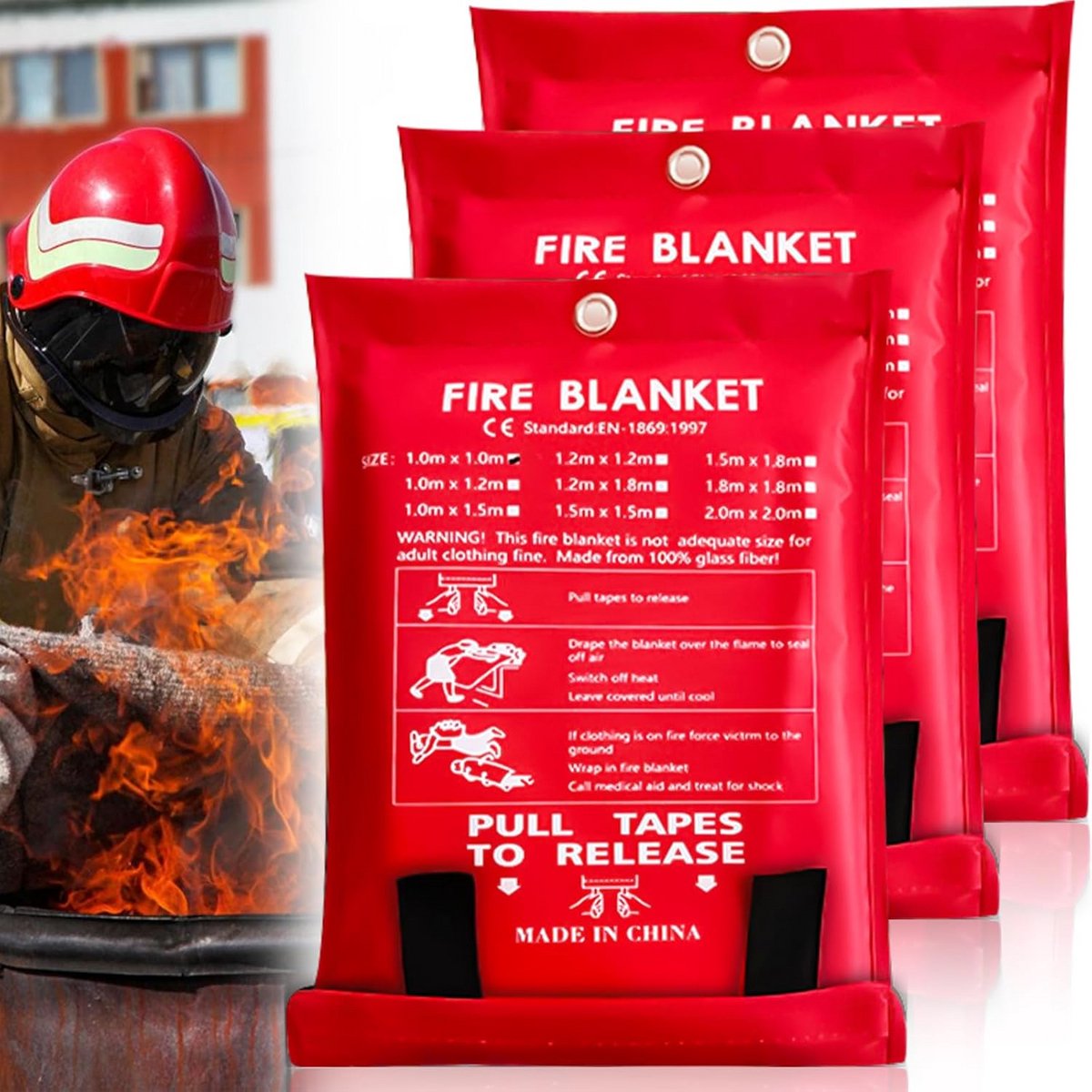 3-Delige Brandblusdeken Set 100x100 cm - Glasvezel Branddeken voor Keuken, Auto, Camping en Huis
