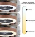 Drie weergaven van de ventilator met houtstructuur rand, toon verschillende wit tinten.
