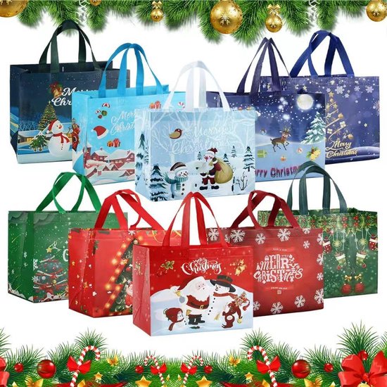 AhfuLife Extra grote kersttassen voor cadeau, 18 stuks herbruikbare kersttassen met handgrepen, multipack niet-geweven kersttraktatie boodschappentassen voor cadeaus kerstfeestdecoraties, 40 x 36 x 15