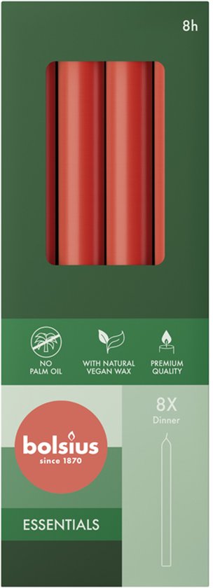 Verpakking met 8 rode dinerkaarsen. "Bolsius Essentials" staat op de doos.
