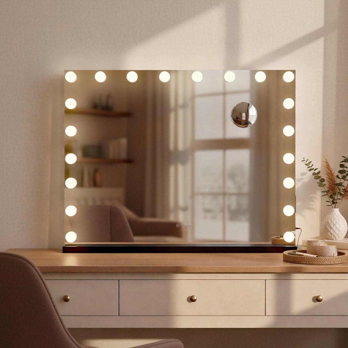 Grote make-up spiegel met dimbare LED verlichting en 3 lichtmodi