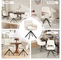 Collage van beige stoffen stoelen met armleuningen in verschillende interieurs: eetkamer, woonkamer, lounge en café.