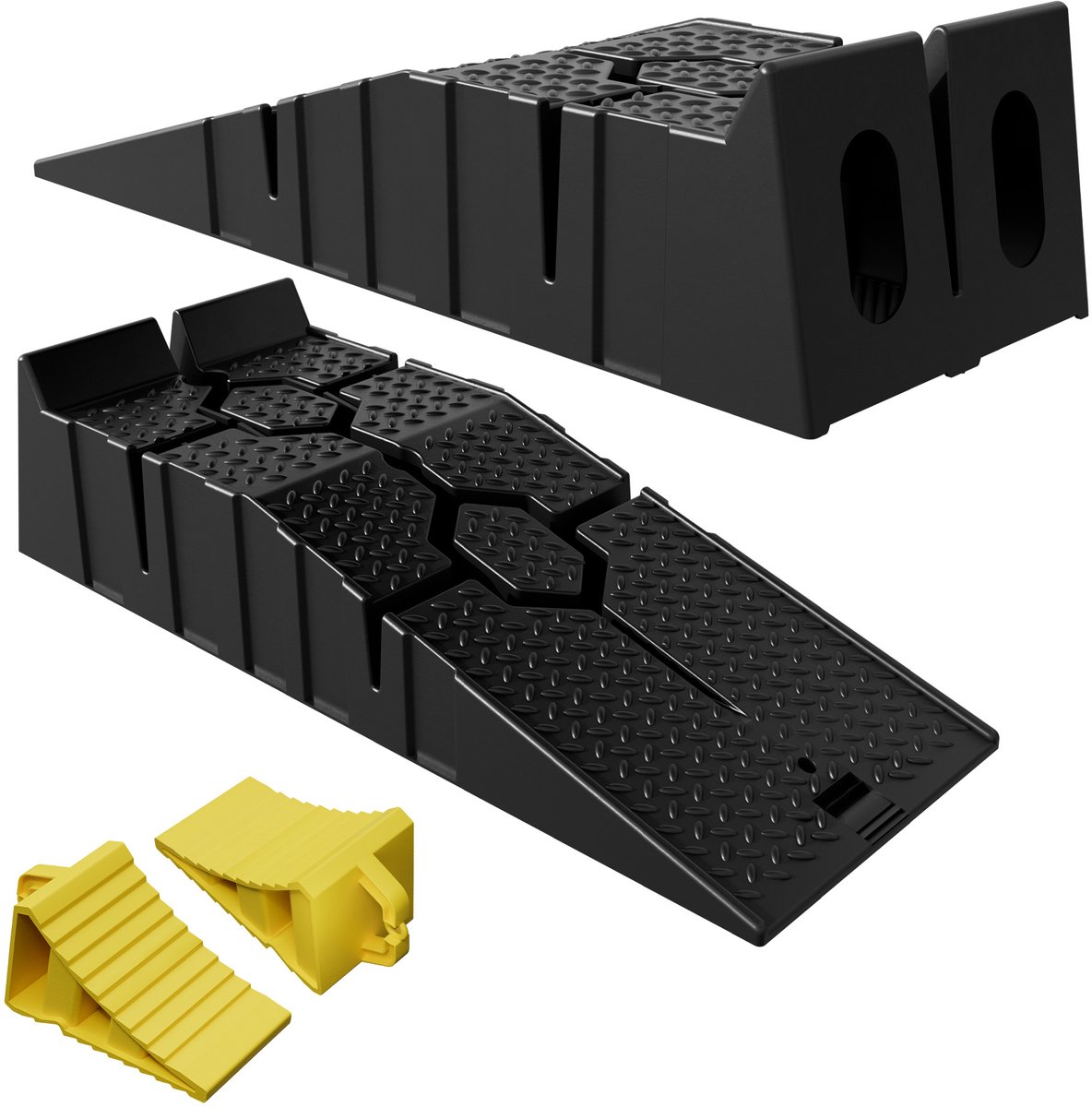 Aufun set van 2 autohellingen – antislip – nivellerend – met 2 gele wielblokken – voor campers, aanhangers en garage