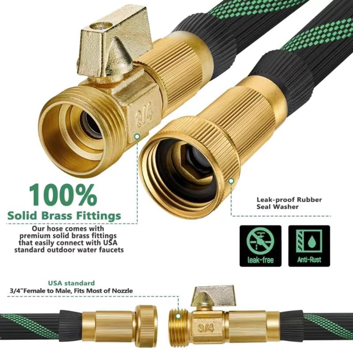 Tuinslang 100 ft/30 m - Flexibele Slang met 10-Functie Pistool - Puur Messing 3/4" Aansluitingen - Lichtgewicht en Knikvrij - Groen/Zwart – foto 3