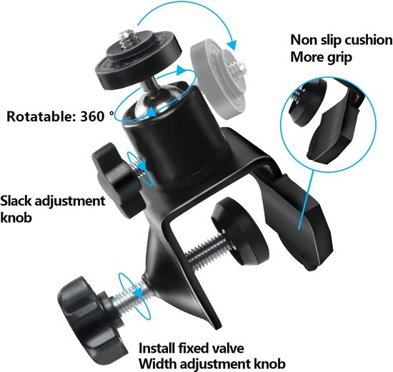Universele Cameraklem – Flexibele Klem Met 1/4″ Schroef – 180° Draaibaar – Voor Platen Tot 3,5 Cm – Geschikt Voor Camera’s, LED-lampen En Flitsers