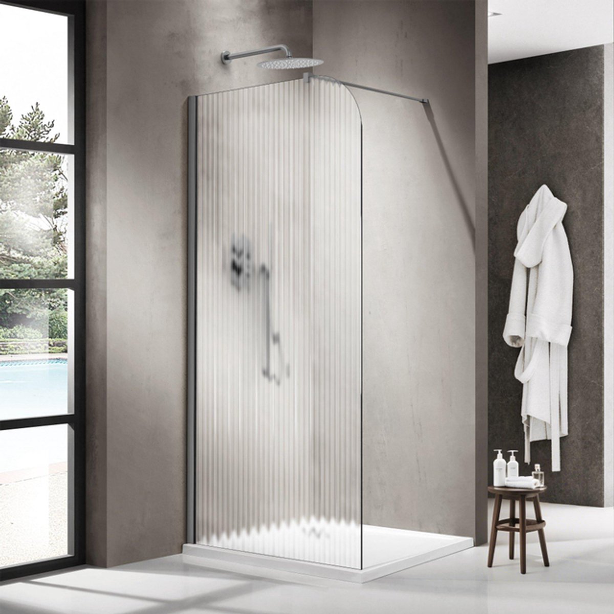 FugaFlow Eccelente Vetro Inloopdouche - 110x200cm - afgeronde glaswand - links - ribbel glas - wandarm - geborsteld gunmetal PVD