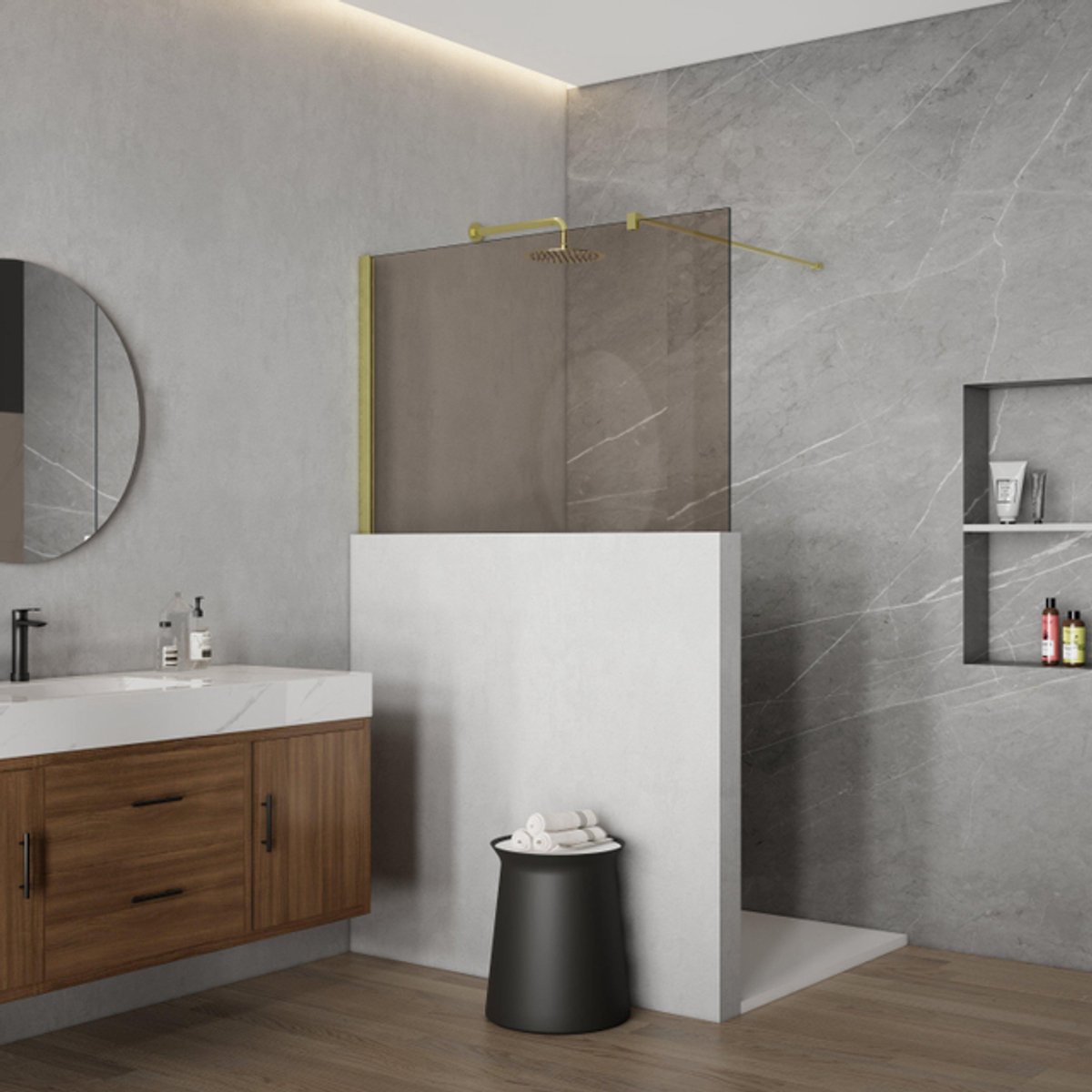 FugaFlow Eccelente Vetro Halfhoge Inloopdouche - 110x80cm - rookglas - 8mm - nano - met profiel en stabilisatiestang - Geborsteld Messing PVD (Goud)