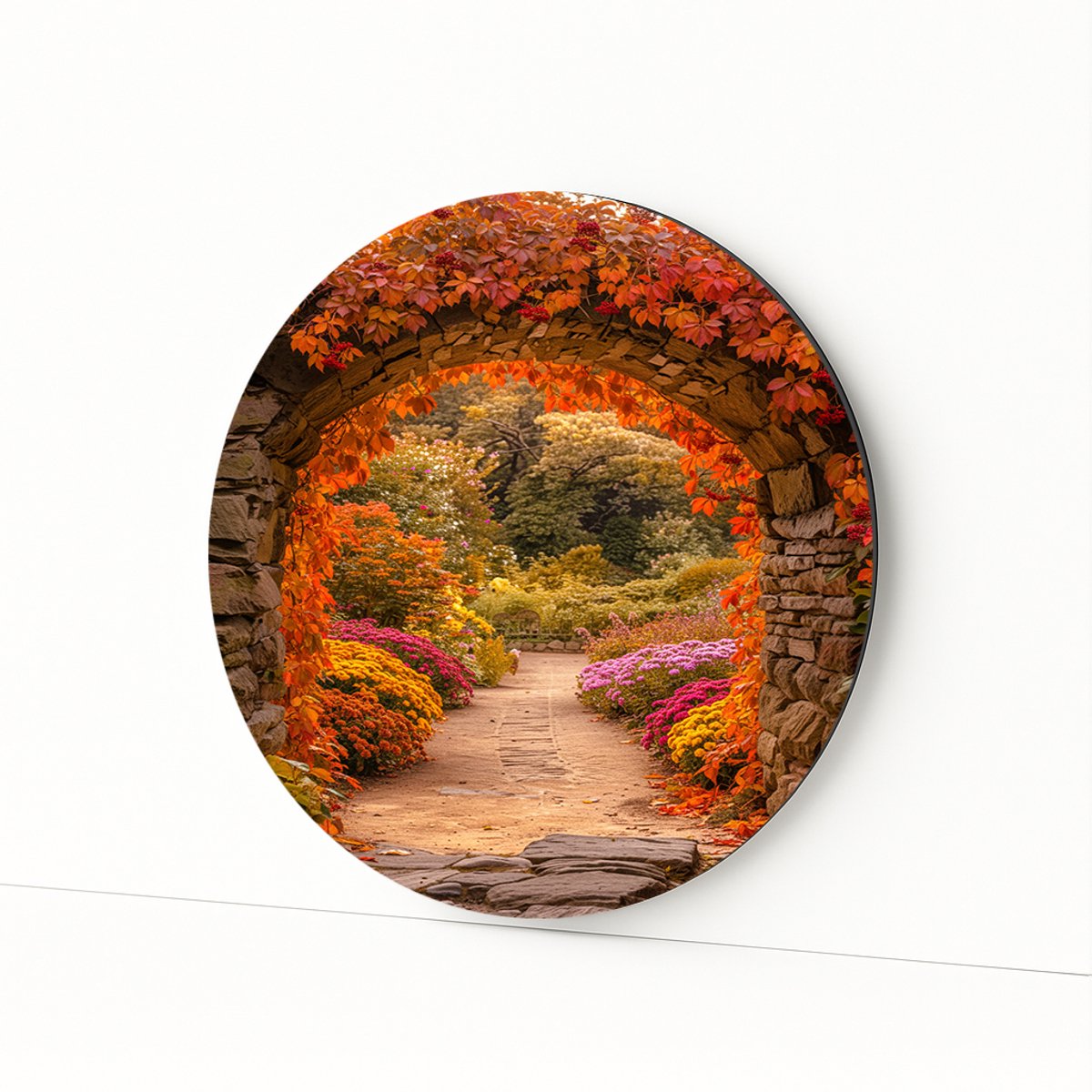 Herfstpad door tuinpoort - Wandpaneel - Dibond muurcirkel - 40x40 cm