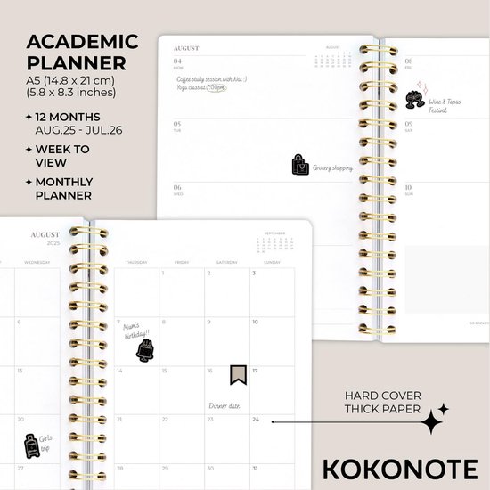 A5 Academic Diary 2025-2026 Week To View - Black | Planner met Stickers ...