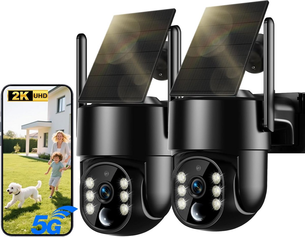 4MP Zonne-energie Bewakingscamera voor Buiten - 2,4 & 5 GHz WiFi, Draadloos, PTZ, PIR Bewegingsdetectie, Automatisch Volgen, Twee-weg Audio, 2 Stuks