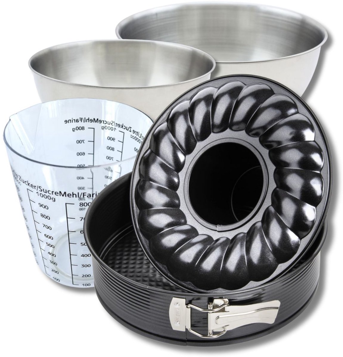 Bakkersset met springvorm en savarinvorm 28 cm, 2 mengkommen, maatbeker en spatel Zenker