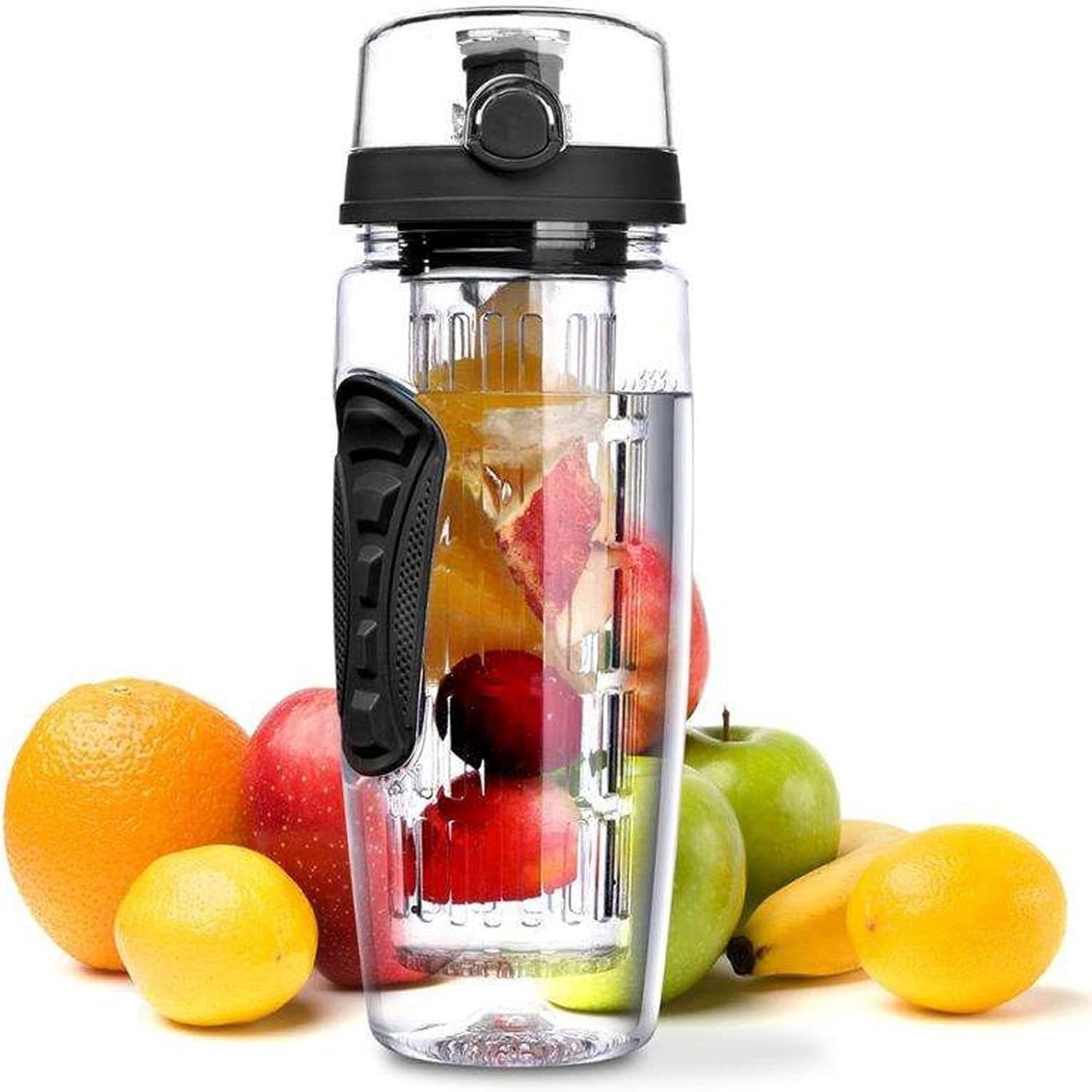Grote waterfles met fruittheezeef voor sport - zwart