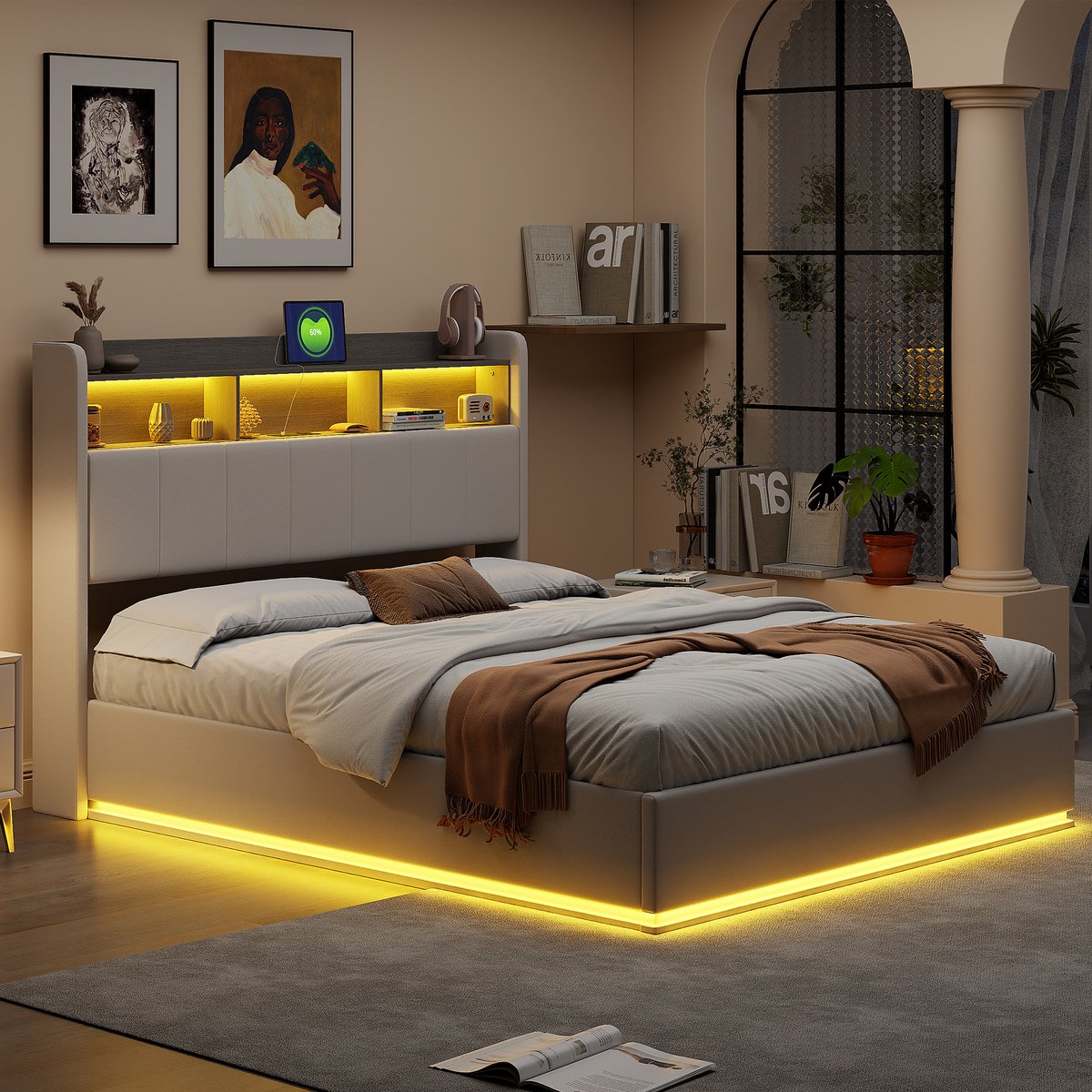 Hydraulisch Tweepersoons Opbergbed 160x200 cm Wit Fluweel met LED, USB en Bedhoofdopslag thumbnail 4