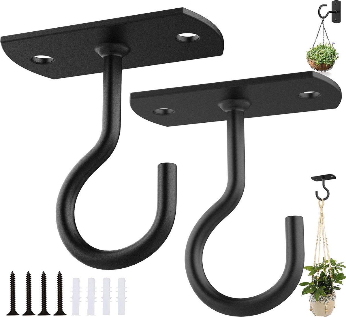 Plafondhaak 2-Pack - Voor Het Ophangen van Planten en Decoratie - Zwarte Wandhaak voor Binnen en Buiten - Geschikt voor Lamps, Vogelvoeder en Windgong - 6.3 cm (2.5 inch)